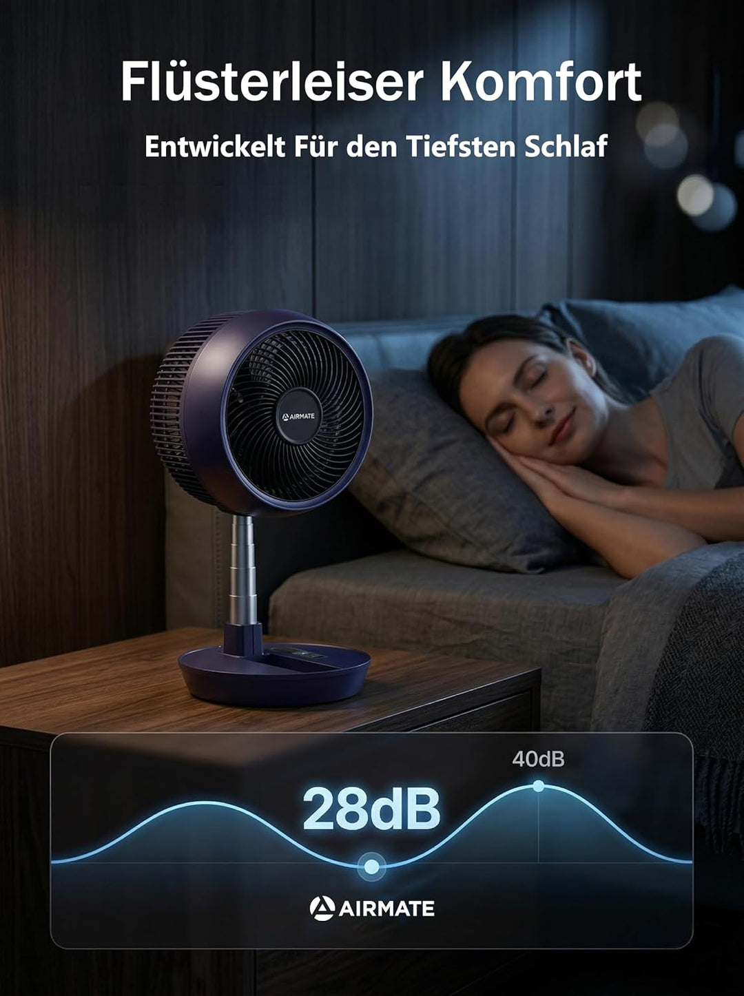 AIRMATE 63cm Ventilator mit Fernbedienung, Faltbarer Standventilator sehr leise, 90°+180° Oszillatio