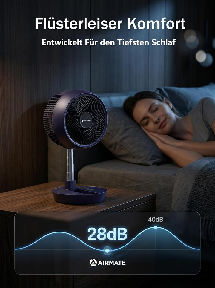 AIRMATE 63cm Ventilator mit Fernbedienung, Faltbarer Standventilator sehr leise, 90°+180° Oszillatio