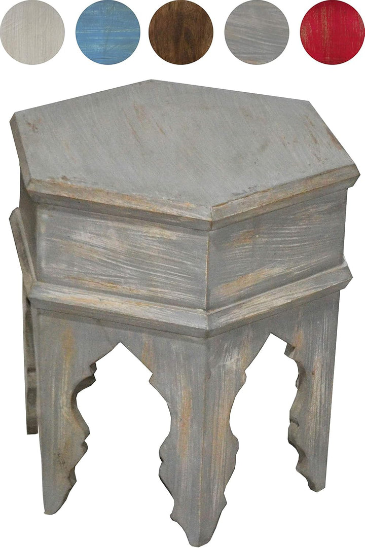 Marokkanischer Vintage Beistelltisch Hocker aus Holz Inam Grau ø 50cm rund | Orientalischer runder T