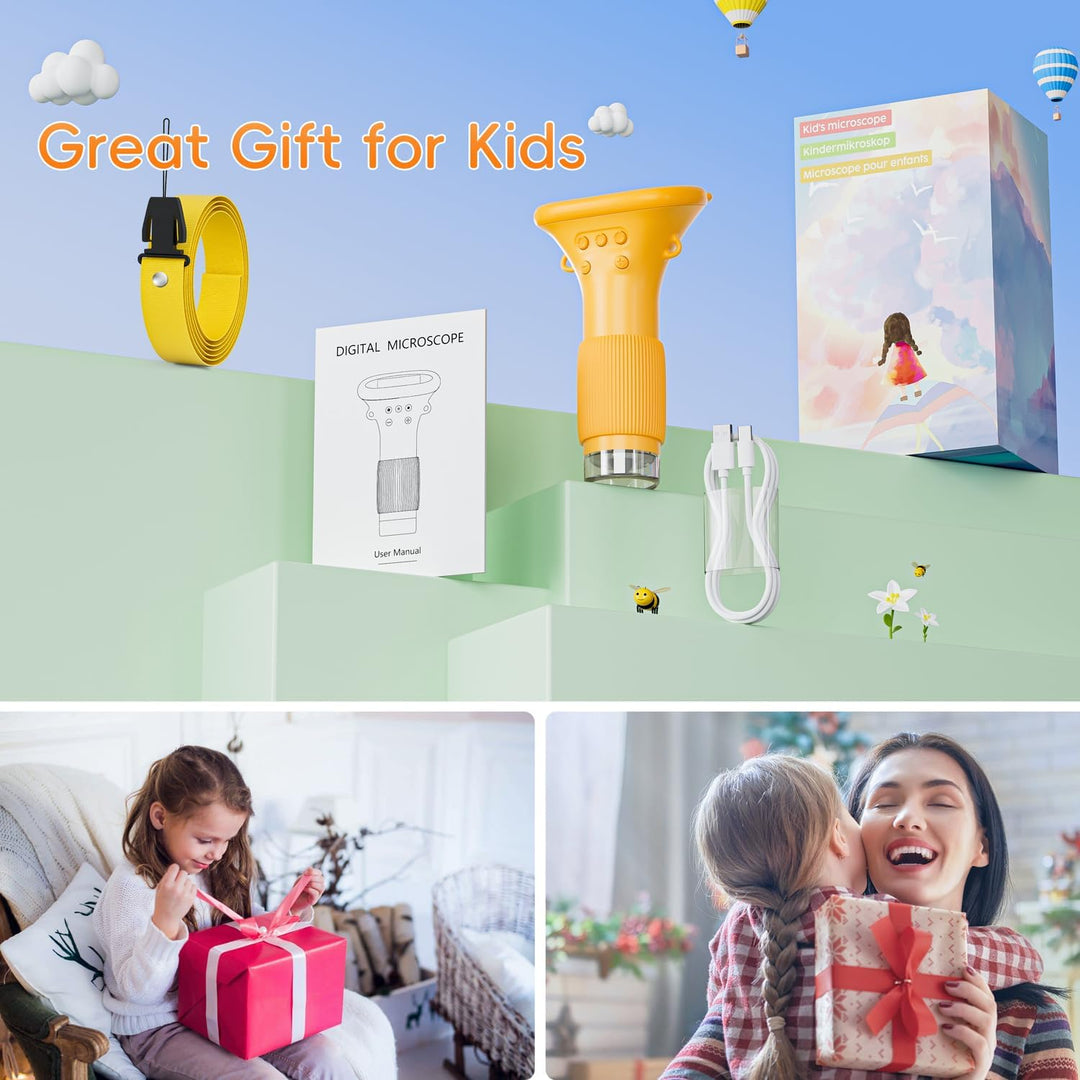 SGAINUL Digitales Mikroskop für Kinder, 1000x Zoom mit 2-Zoll-Bildschirm Gelb, Gelb