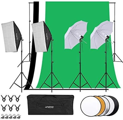Andoer Fotostudio Set, 1,8m x 2,7m Hintergrund Stützsystem mit Softbox, 45W Fotolampe, Reflektor, We