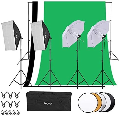 Andoer Fotostudio Set, 1,8m x 2,7m Hintergrund Stützsystem mit Softbox, 45W Fotolampe, Reflektor, We