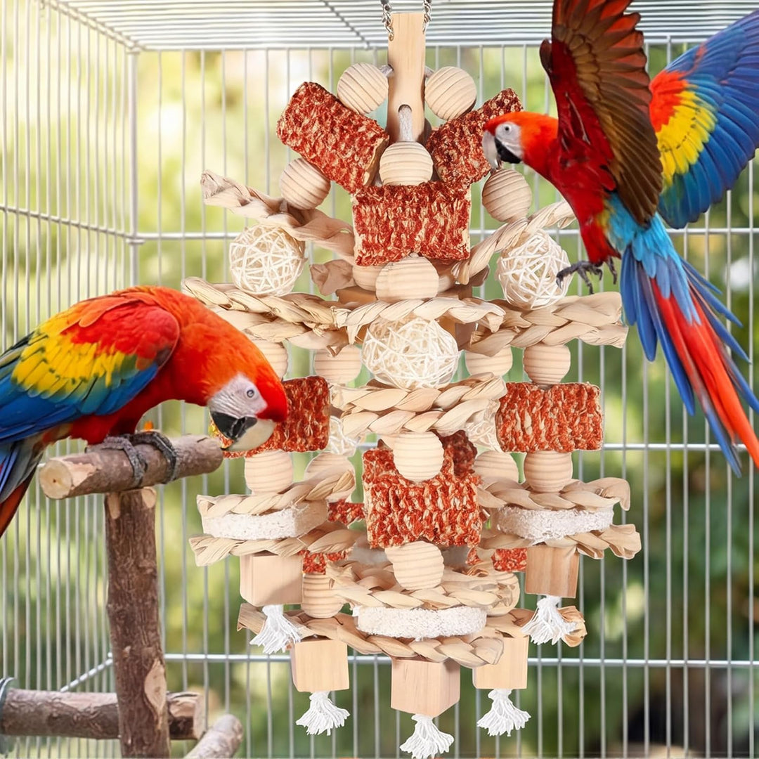 16,5 Zoll Papageienspielzeug Kauen Spielzeug, Vogelspielzeug mit Maiskolben und Karambole Holz Hänge