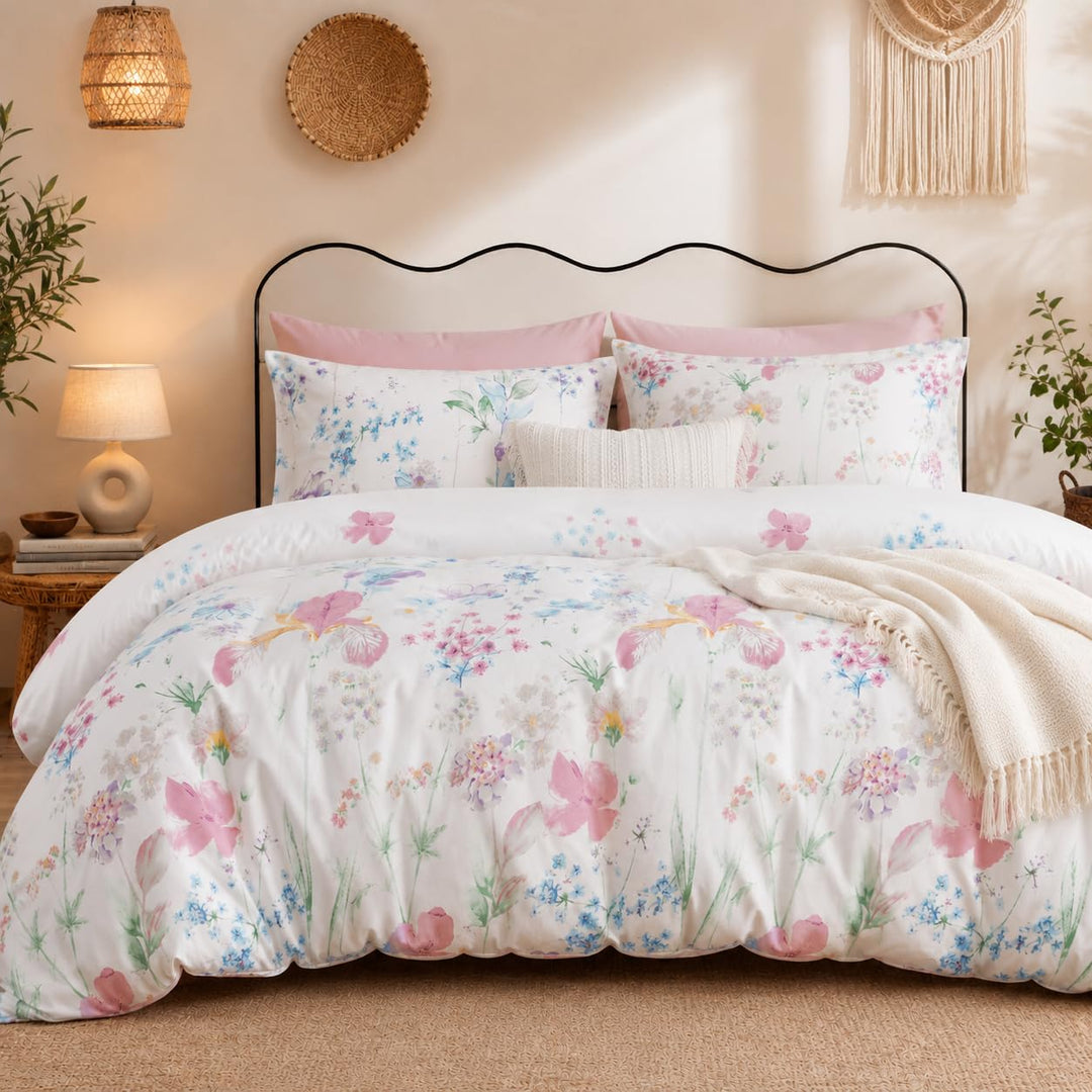 Lanqinglv Bettwäsche 200x220cm Weiss Lila Blätter Blumen Muster Pflanzen Wende Bettwäsche Set Bunt M
