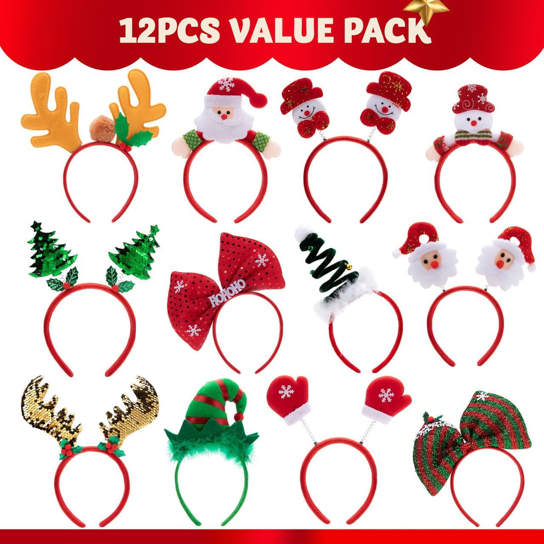 JOYIN 12 Packungen Weihnachts-Stirnbänder mit verschiedenen Designs, Weihnachts-Kopfbedeckungen, Fei