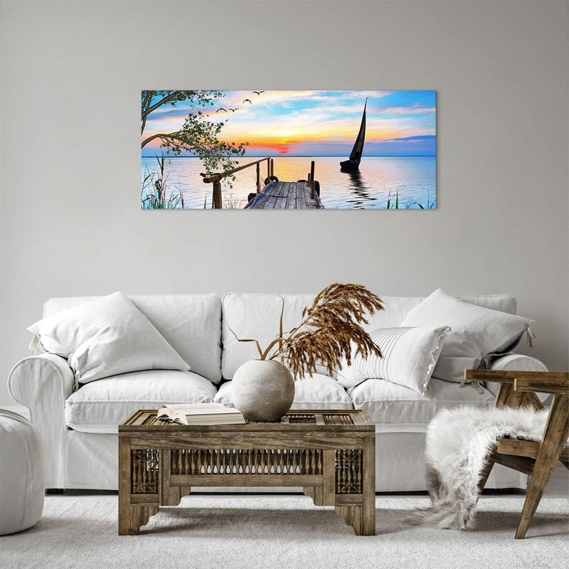 Panorama Bilder auf Leinwand 100x40cm Leinwandbild mit Rahmen Brücke See Gross Wanddeko Bild Schlafz