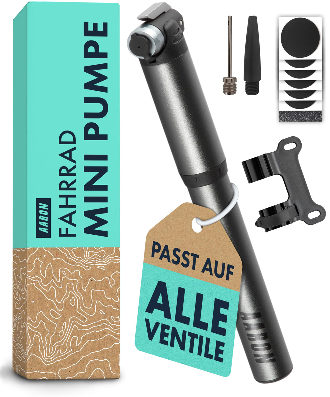 AARON Pocket One Mini Fahrradpumpe für alle Ventile - kompakte Luftpumpe passend für jeden Rahmen -
