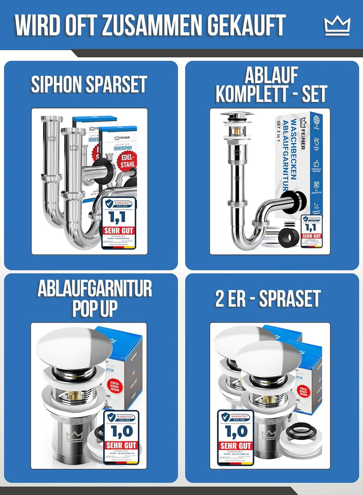 FEINER® Universal Siphon Waschbecken aus Chrom 1 1/4" Komplettset alles dabei, Tauchrohr 2-12 cm Höh