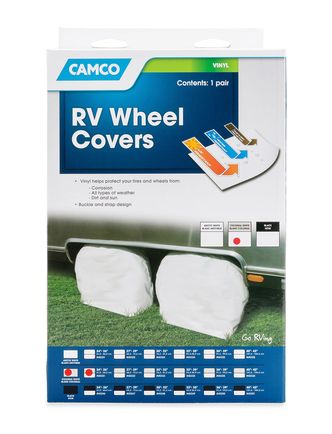 Camco 45331 Vinyl-Rad- und Reifenschutz, 2 Stück (61 cm - 66 cm, gebrochenes Weiss) 24-26" beige, 24