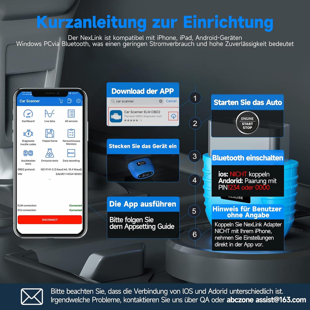 AUTOPHIX Nexlink OBD2 Bluetooth 5.0 Diagnosegerät Auto für Autos und Motorräder, OBD2 Bluetooth Adap
