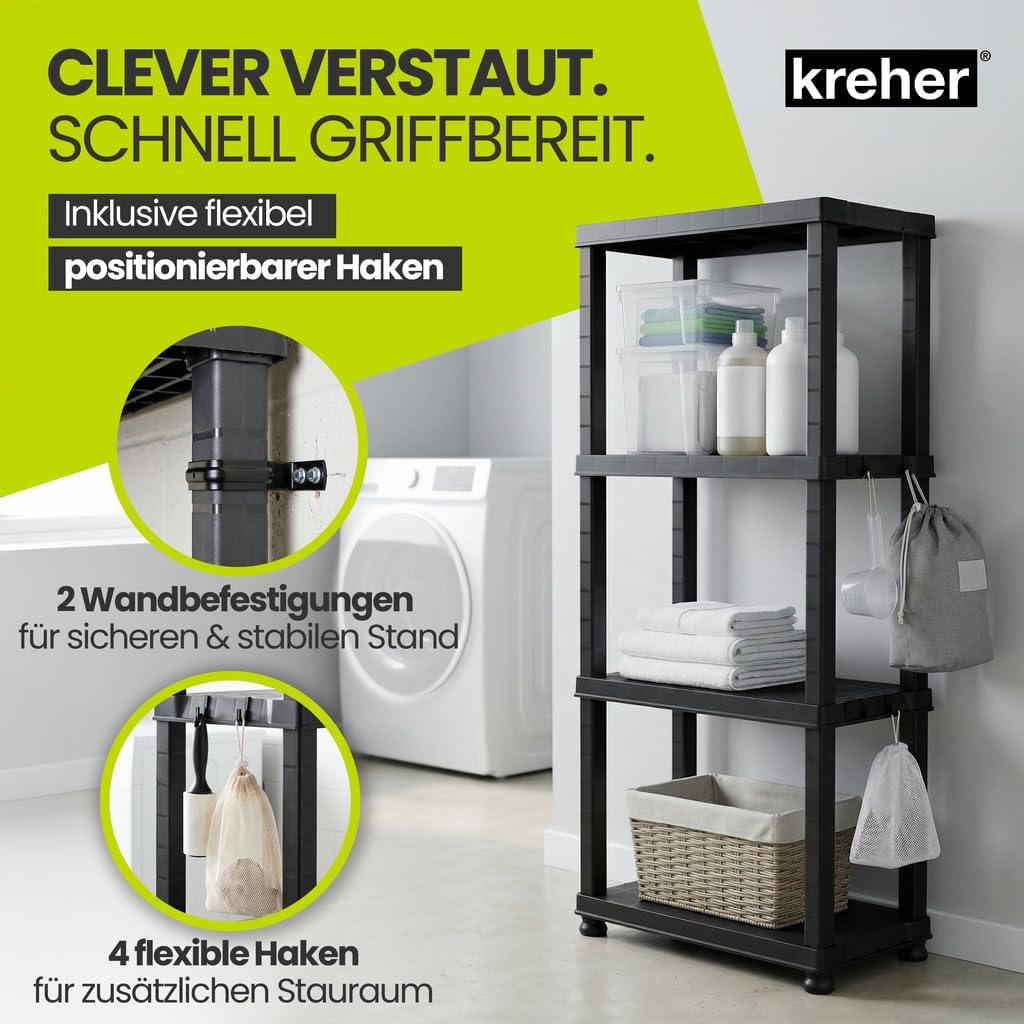 Kreher® Kunststoffregal „Neo“ mit 4 Böden - Steckregal für Haushalt, Keller & Garage - Standregal, L
