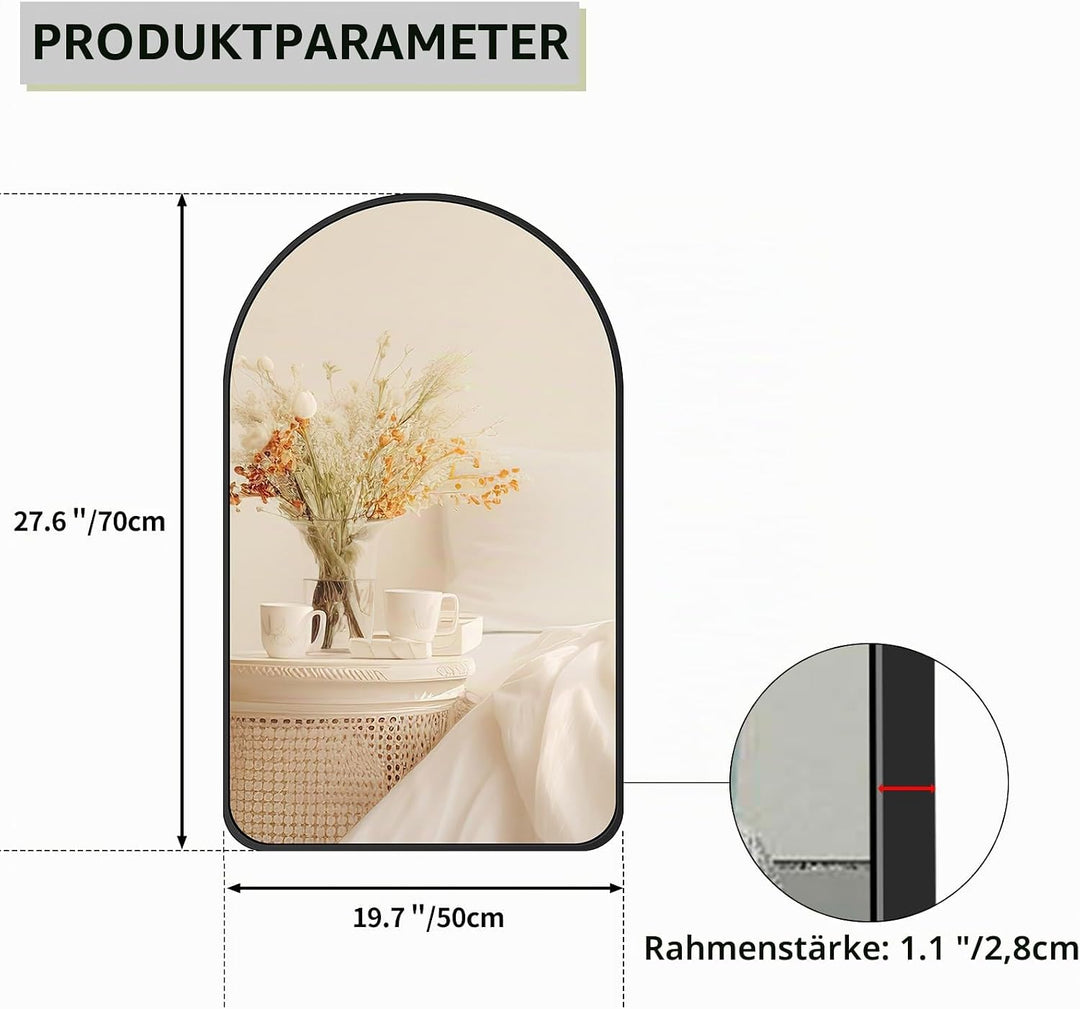 50 x 70 cm grosser gewölbter Spiegel schwarz gebürsteter Rahmen Wandspiegel Metallrahmen HD Glas Wan