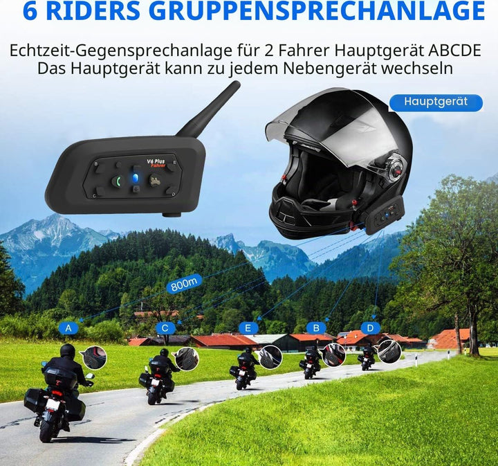 QSPORTPEAK V6 Plus Motorrad Intercom Bluetooth Headsets, 1200M bis zu 6 Reiters Motorradhelm Interph