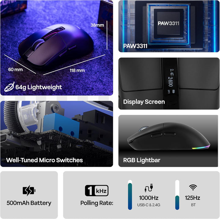 MechLands Aula SC590 PRO Gaming-Maus mit Display, kabellose 2,4-GHz/USB-C/BT Maus mit 500-mAh-Akku,