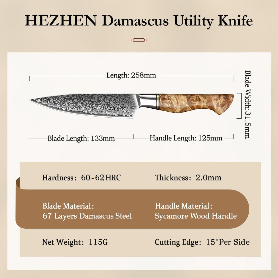 HEZHEN 12.5cm Universalmesser,scharfe Klinge-Damaskus Stahl Rosenmuster-Multifunktionales VG10 Gemüs