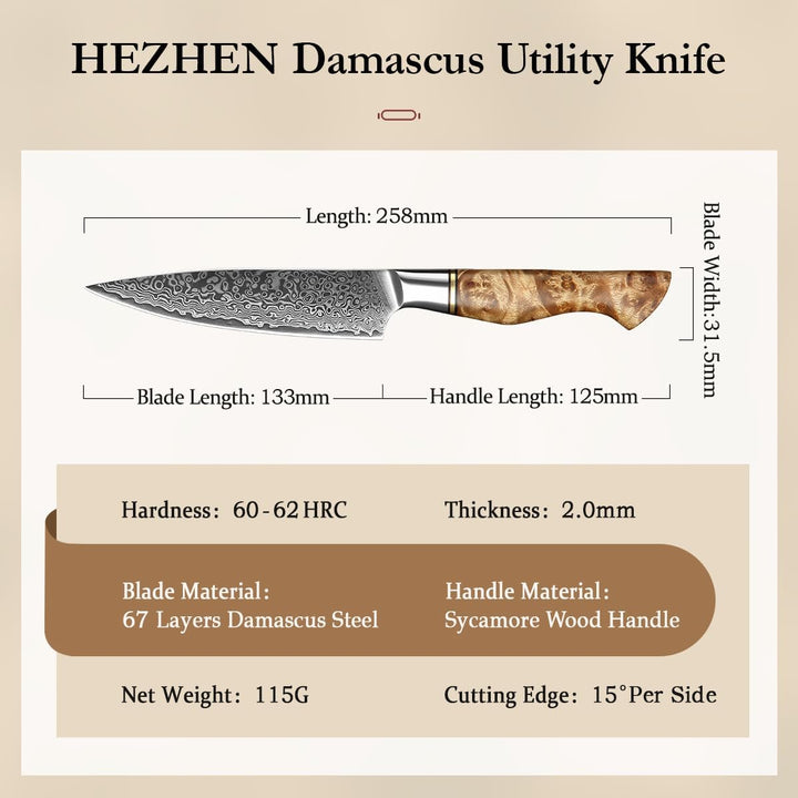 HEZHEN 12.5cm Universalmesser,scharfe Klinge-Damaskus Stahl Rosenmuster-Multifunktionales VG10 Gemüs