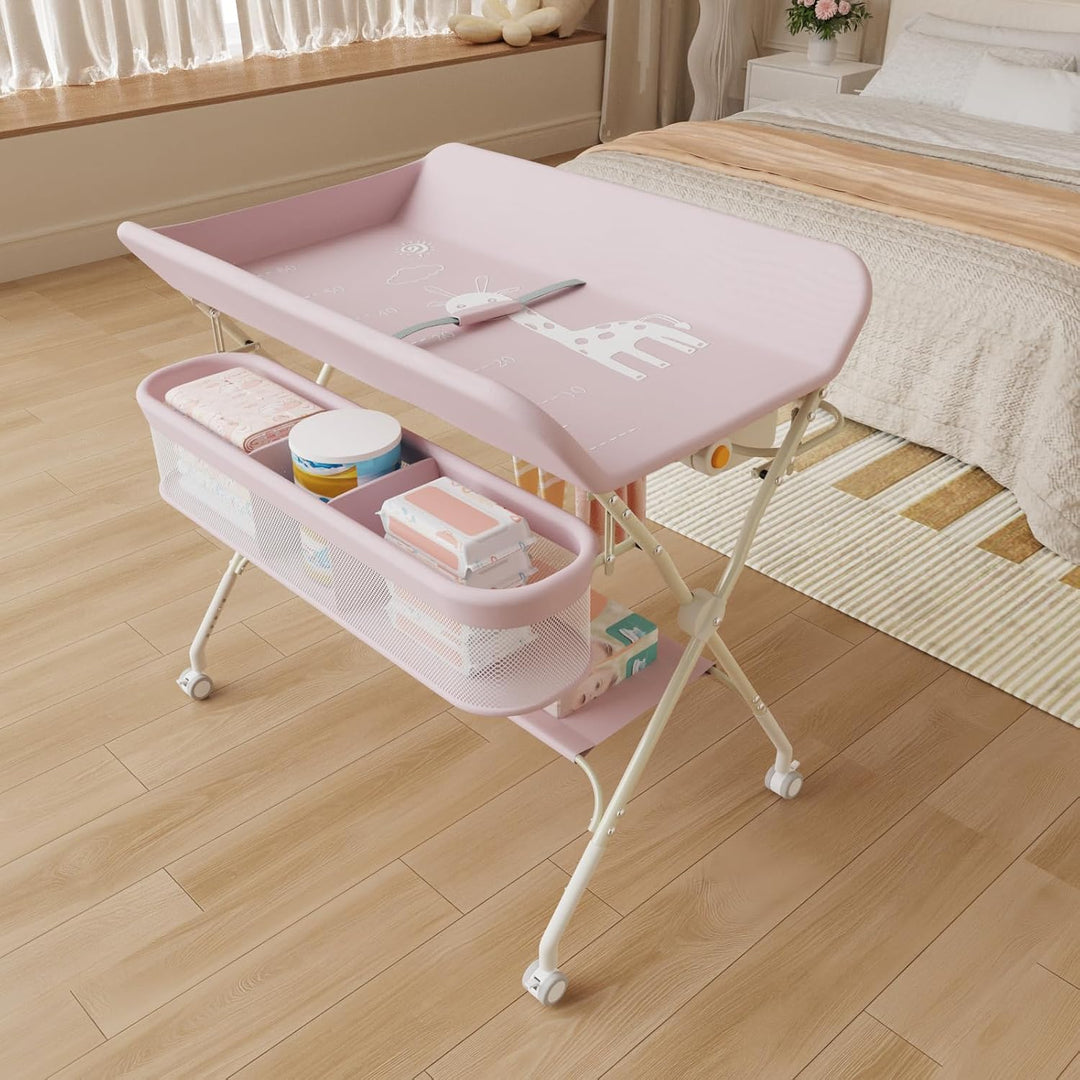 OHMG klappbare Wickelkommode Wickeltisch, Baby Wickelkombi, mit Wickelauflage Sicherheitsgurt und Ab