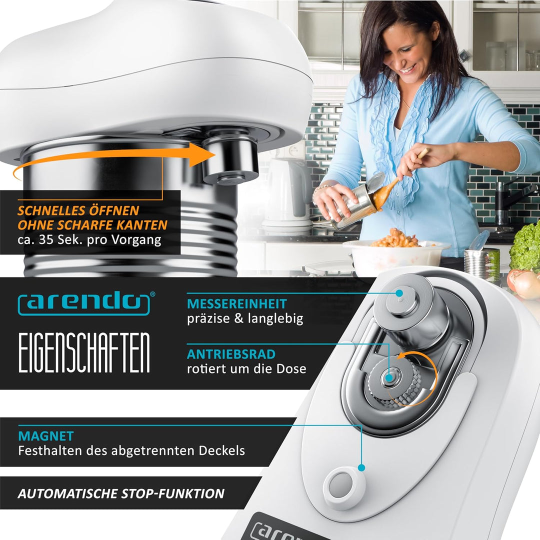 Arendo - Elektrischer Dosenöffner One Touch - mit automatischer 360° Drehung - Öffnung ohne scharfe