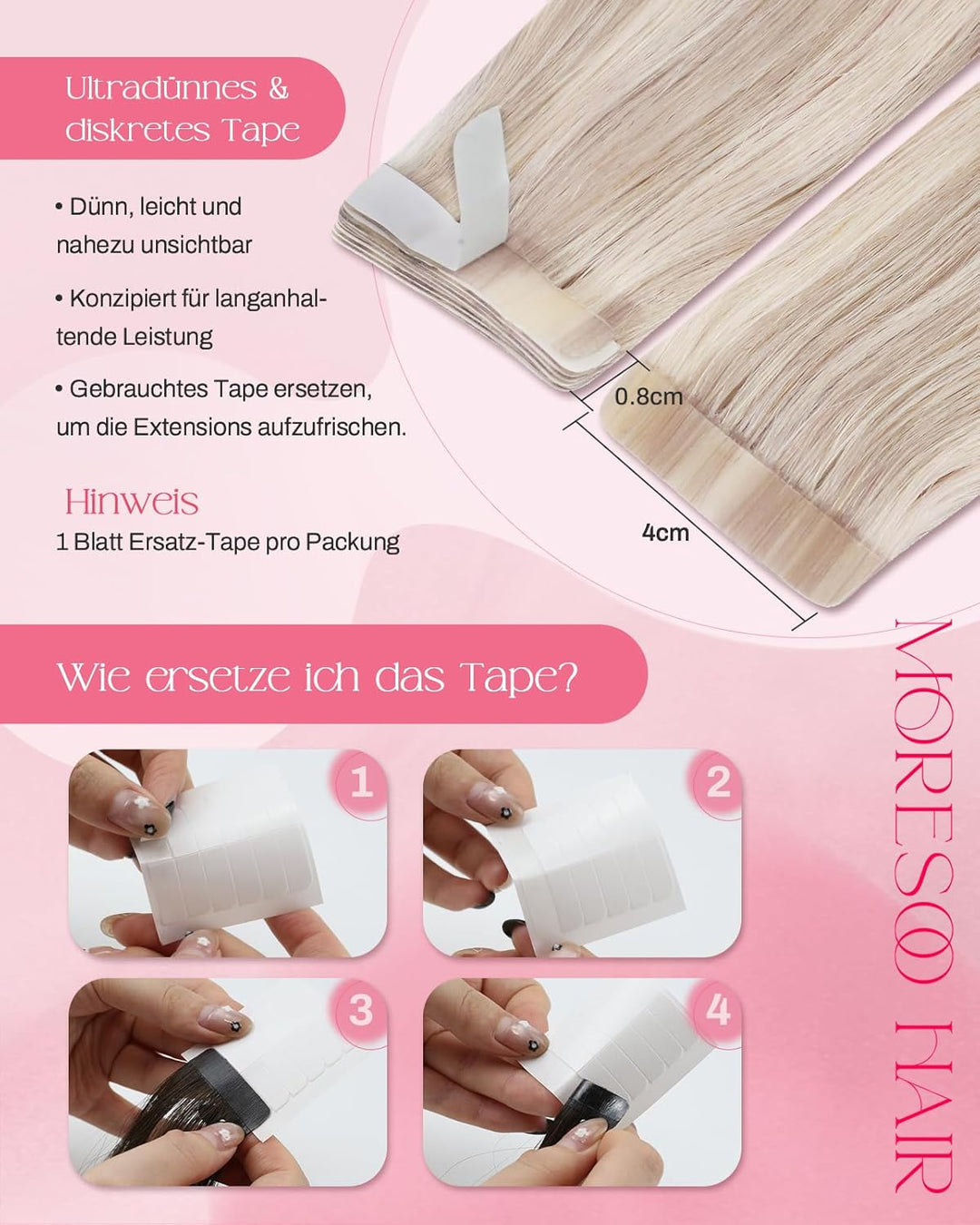 Moresoo Echthaar Extensions Tape in Blonde Haarextension Echthaar Tape Dunkelbraun bis Mittelblond m