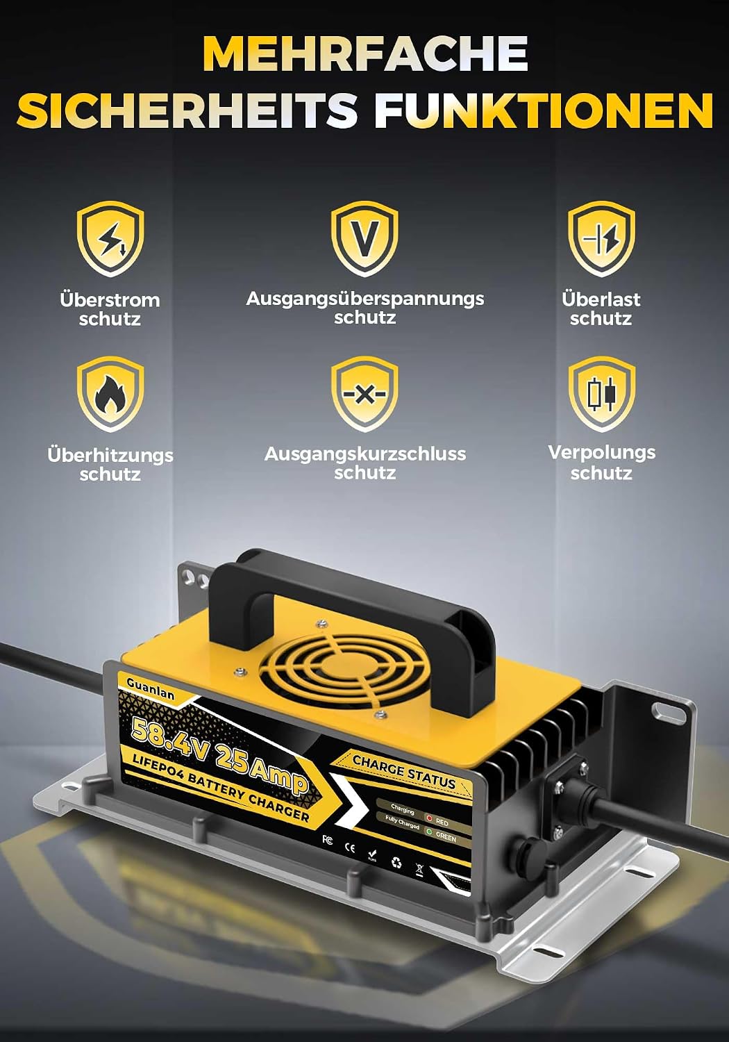 58,4V 25A LiFePO4 Lithium Batterie Ladegerät für 48V(51,2V) LiFePO4 Lithium Batterien, IP67 Wasserdi