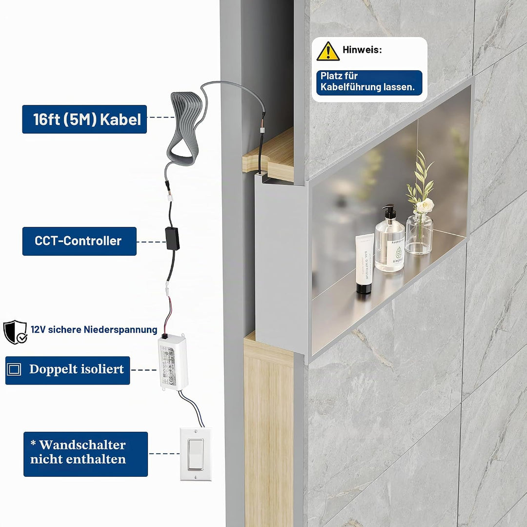 Neohomee Wandnische Dusche Edelstahl mit LED-Licht, Eingebettete Duschnische 60x30cm mit 3 Farben fü
