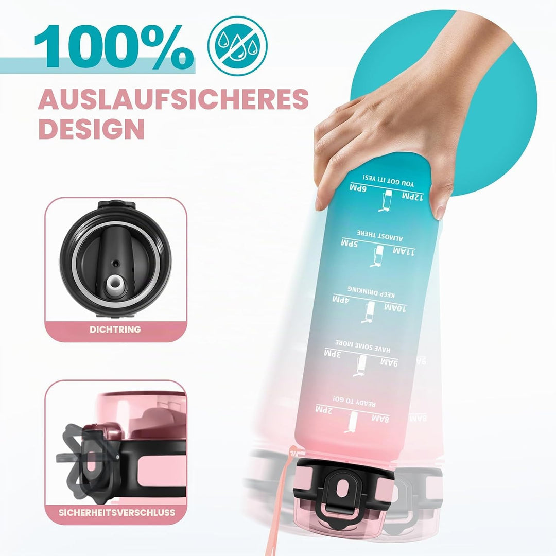Trinkflasche 1L, BPA-frei, Wasserflasche mit Strohhalm &amp; Zeitmarkierung, Sportflasche für Gym, Campi