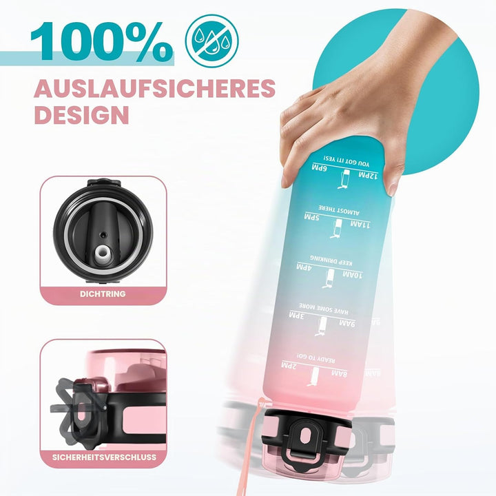 Trinkflasche 1L, BPA-frei, Wasserflasche mit Strohhalm &amp; Zeitmarkierung, Sportflasche für Gym, Campi