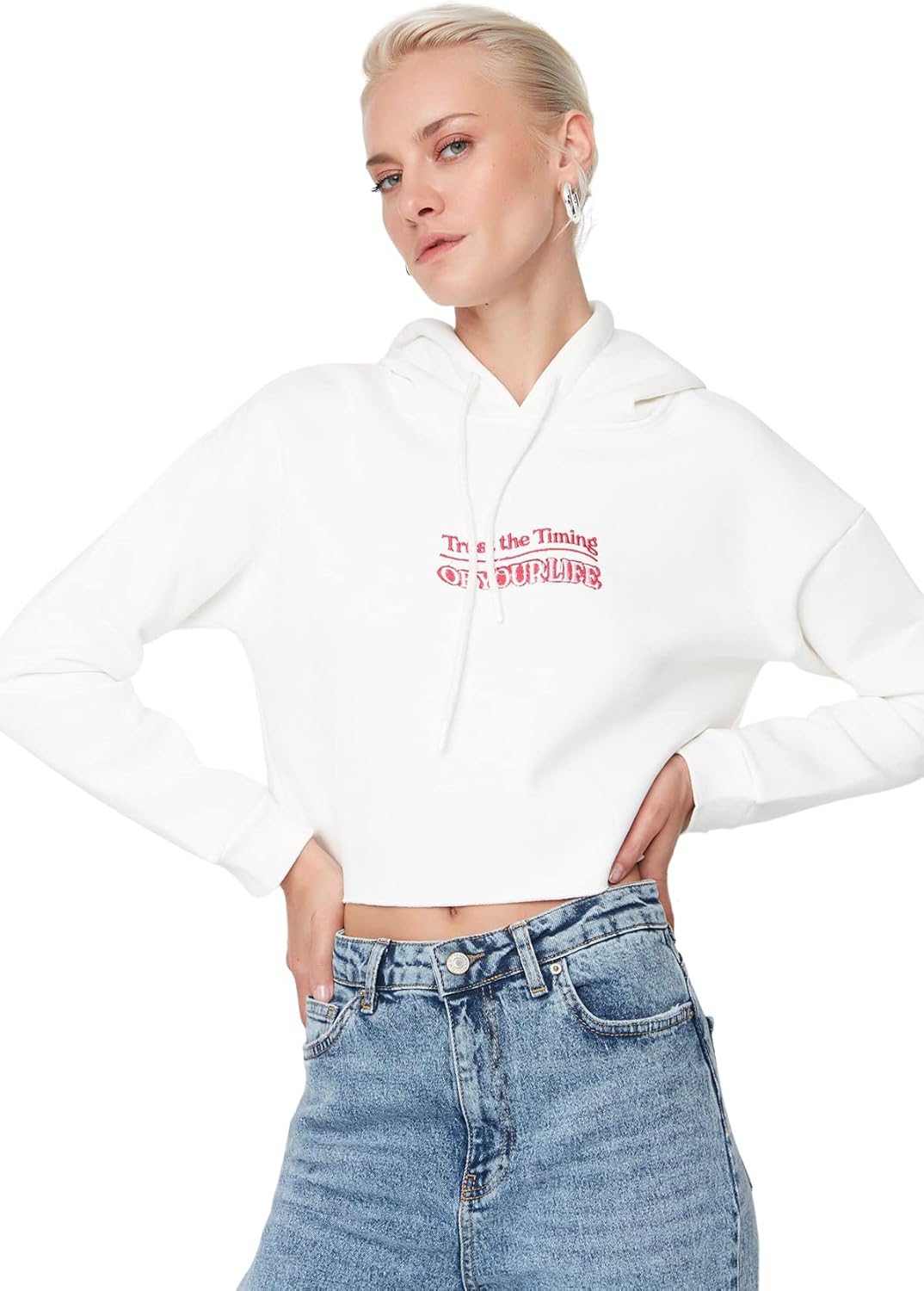 TRENDYOL Damen Hood with Slogan Schnitt Sweatshirt S Ecru, S Ecru