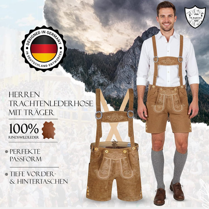 Premium Lederhose für Herren - Elegante Trachtenhose Gr.46-60 - Kurze Trachten Lederhose mit Träger