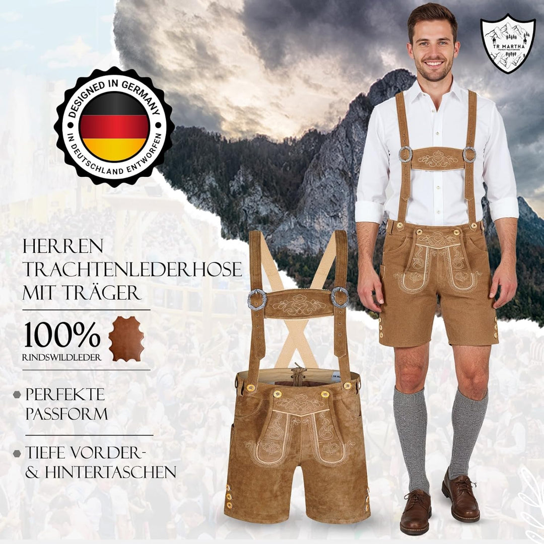 TR Martha Premium Lederhose für Herren - Elegante Trachtenhose Gr.46-60 - Kurze Trachten Lederhose m