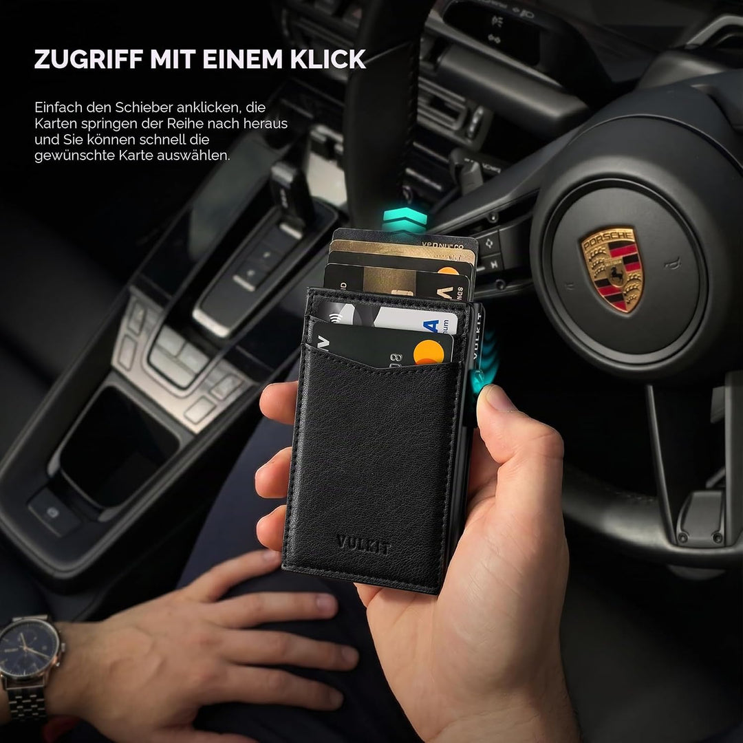 VULKIT Kreditkartenetui Leder Kartenetui RFID Blocking Automatische Pop Up Visitenkartenetui für Kar
