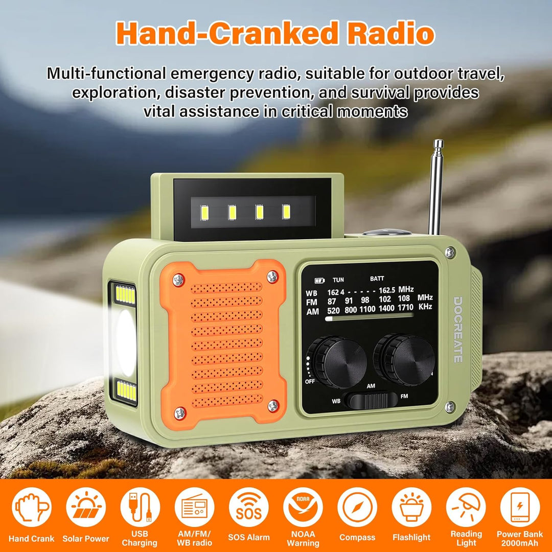 Heemol 7-in-1 Notfall Radio AM/FM/WB, 2000mAh Kurbelradio mit Solar, Tragbares Handkurbel Radio mit