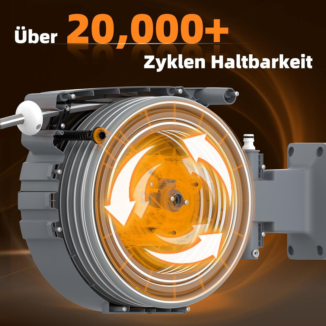 Schlauchtrommel 25m+2m, Schlauchaufroller mit Aufroll-Automatik & 180° Schwenkbar, Wand-Schlauchbox