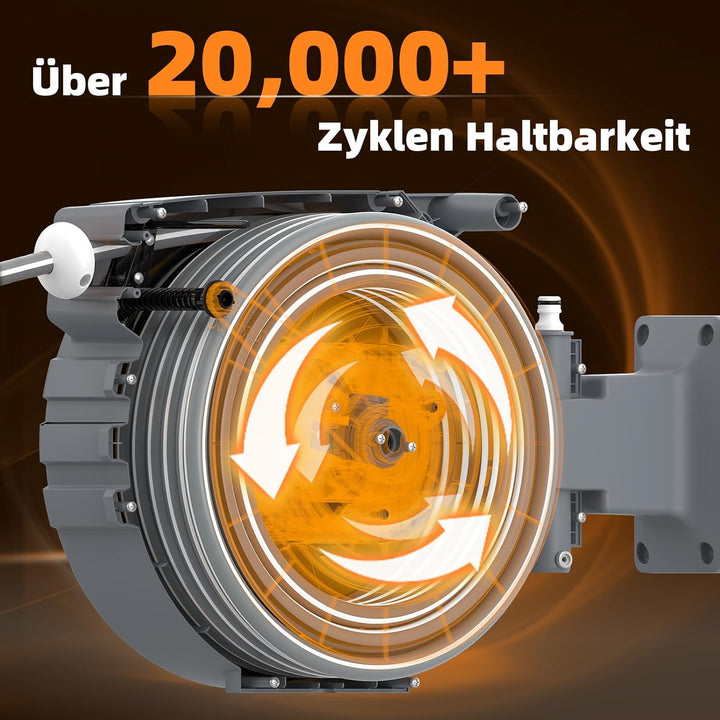 Schlauchtrommel 25m+2m, Schlauchaufroller mit Aufroll-Automatik & 180° Schwenkbar, Wand-Schlauchbox
