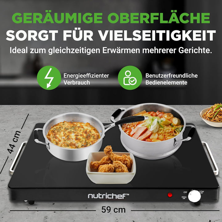 NutriChef Kochplatte elektrisch – Warmhalteplatte 54×42cm mit Temperaturregelung 60–110°C, 180W Warm