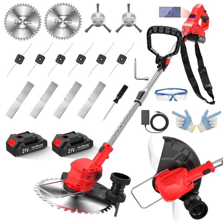 21V Rasentrimmer mit 2×2000mAh Akku und Ladegerät, Akku Freischneider mit 14-Fach Schneidsystem, LCD