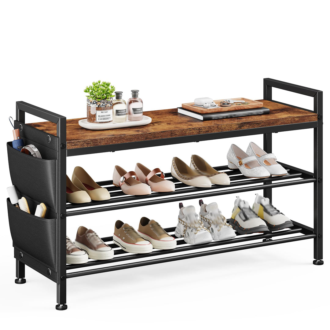 Schuhbank mit sitzfläche 3 Ebenen für 9-12 Paar, Schuhregal schmal mit Seitentaschen, Metall-Holz Sc