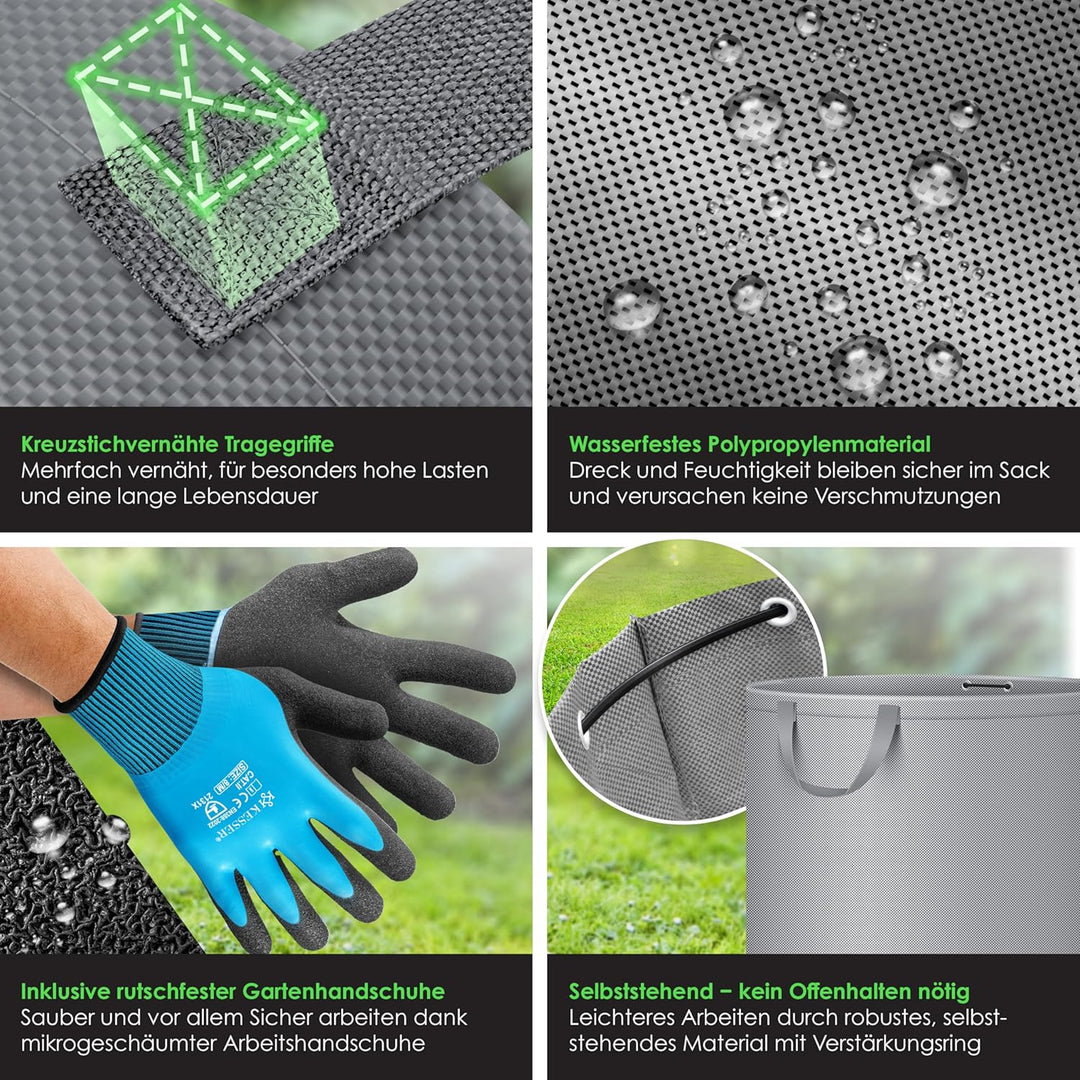 KESSER® Gartensack 3x 272L Set Laubsack Gartenabfallsack inkl. Handschuhe - Selbststehend 4 Griffe S