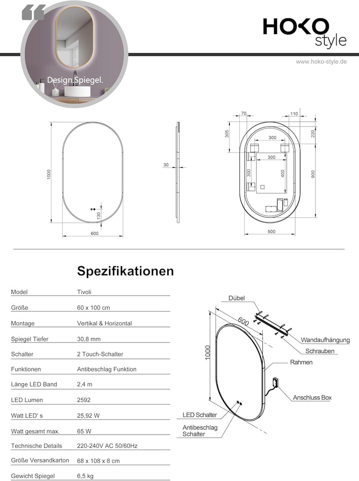 HOKO® LED ANTIBESCHLAG Spiegel oval 60x100 cm / 100x60 cm Tivoli+ Metall Rahmen Gold. HOCH+QUER Mont