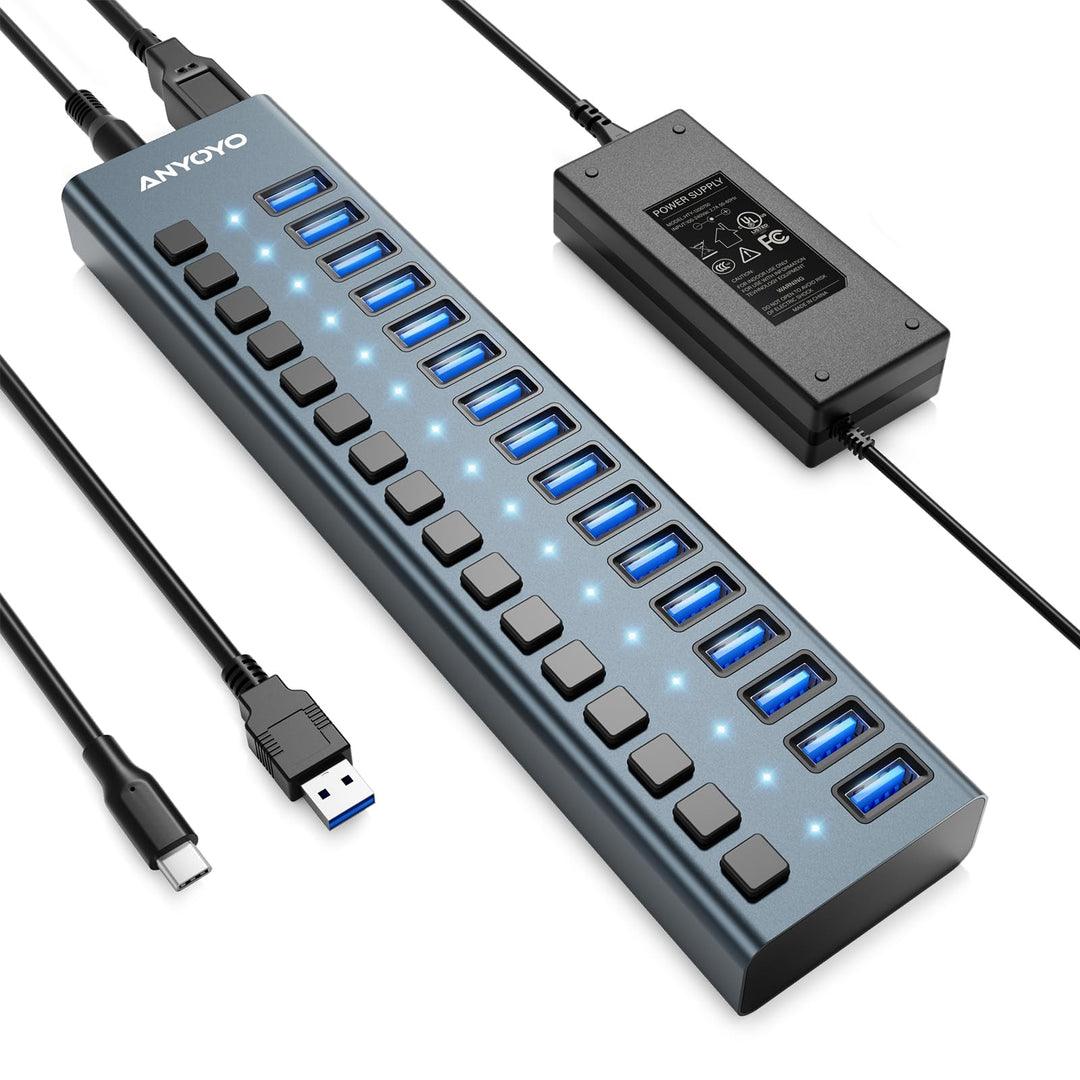 Powered USB Hub - 16 Ports 90W USB 3.0 Data Hub - mit Individuellen EIN-/Ausschaltern und 12V/7.5A N