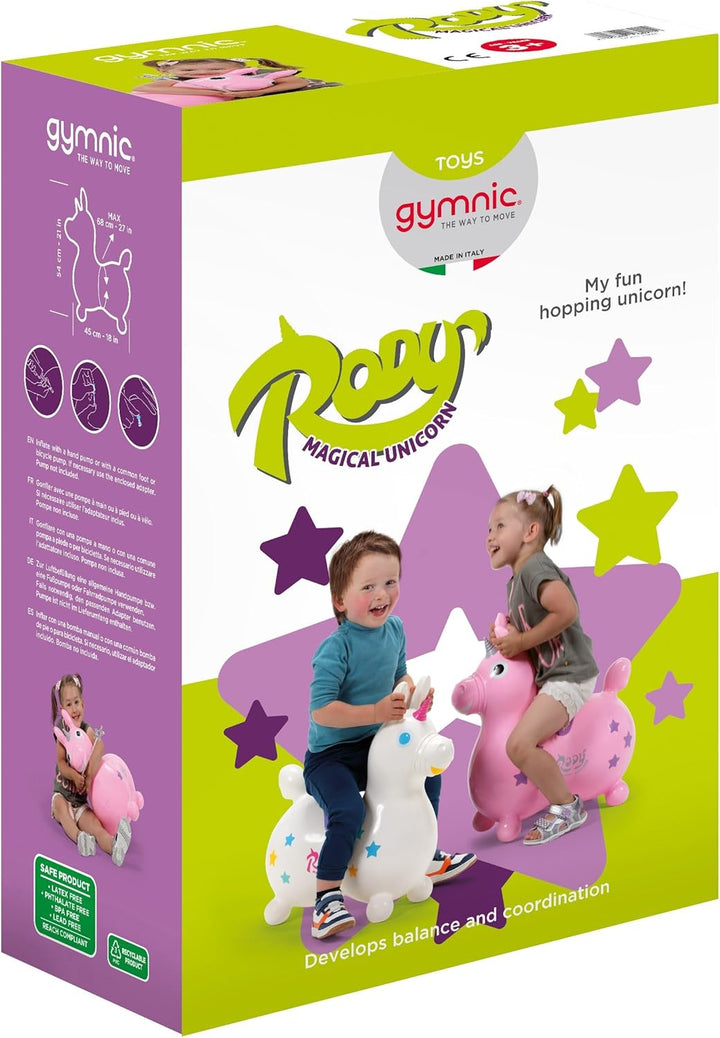 GYMNIC Rody Magisches Einhorn weiss – Aufblasbares Reiteinhorn für Kinder ab 3 Jahren, dynamisches u
