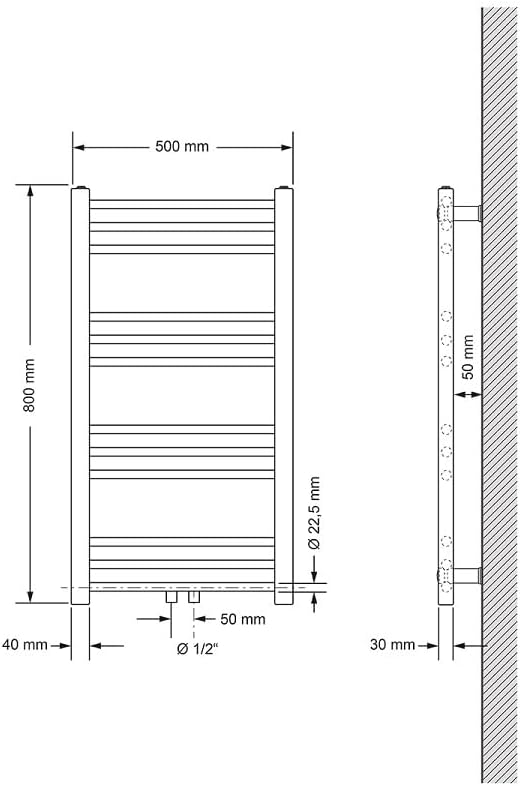 ECD Germany Badheizkörper Mittelanschluss 500 x 800 mm Weiss gerade mit Thermostat und Anschlussgarn