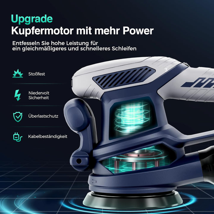 Exzenterschleifer 125mm mit Bremse, 450W Schleifmaschine für Holz mit 15 Schleifpapier & Staubabsaug