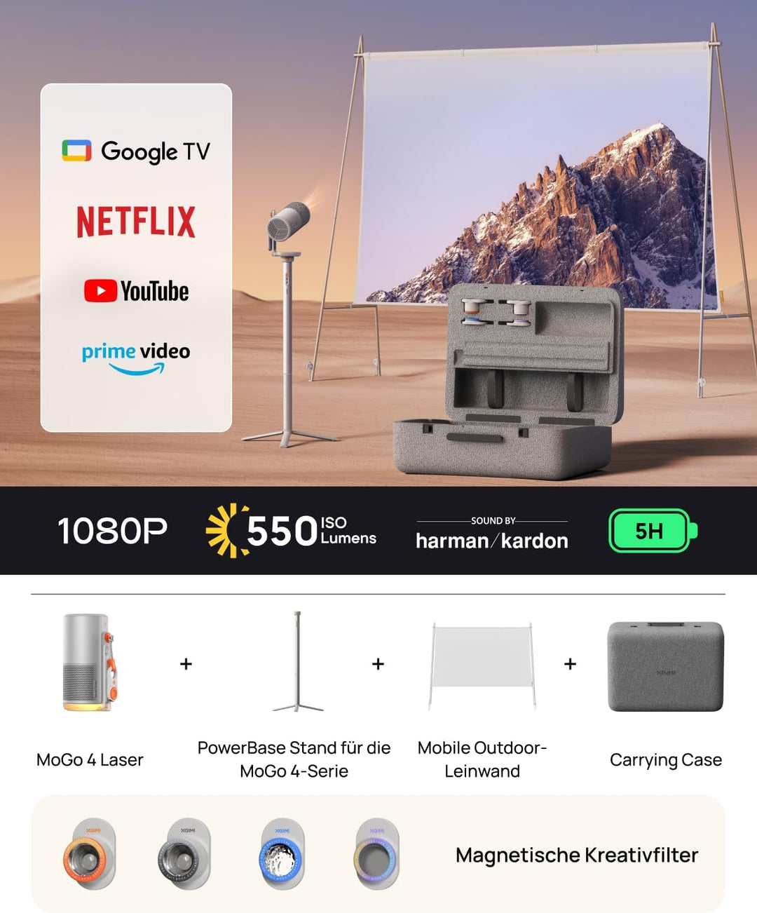 XGIMI MoGo 4 Laser Outdoor Beamer Set – 550 ISO-Lumen, Google TV & Netflix, integrierter Akku + Powe