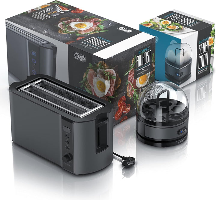 Arendo - SET Toaster FRUKOST mit Eierkocher SEVENCOOK Edelstahl Grau, Toaster 4 Scheiben, LED-Displa