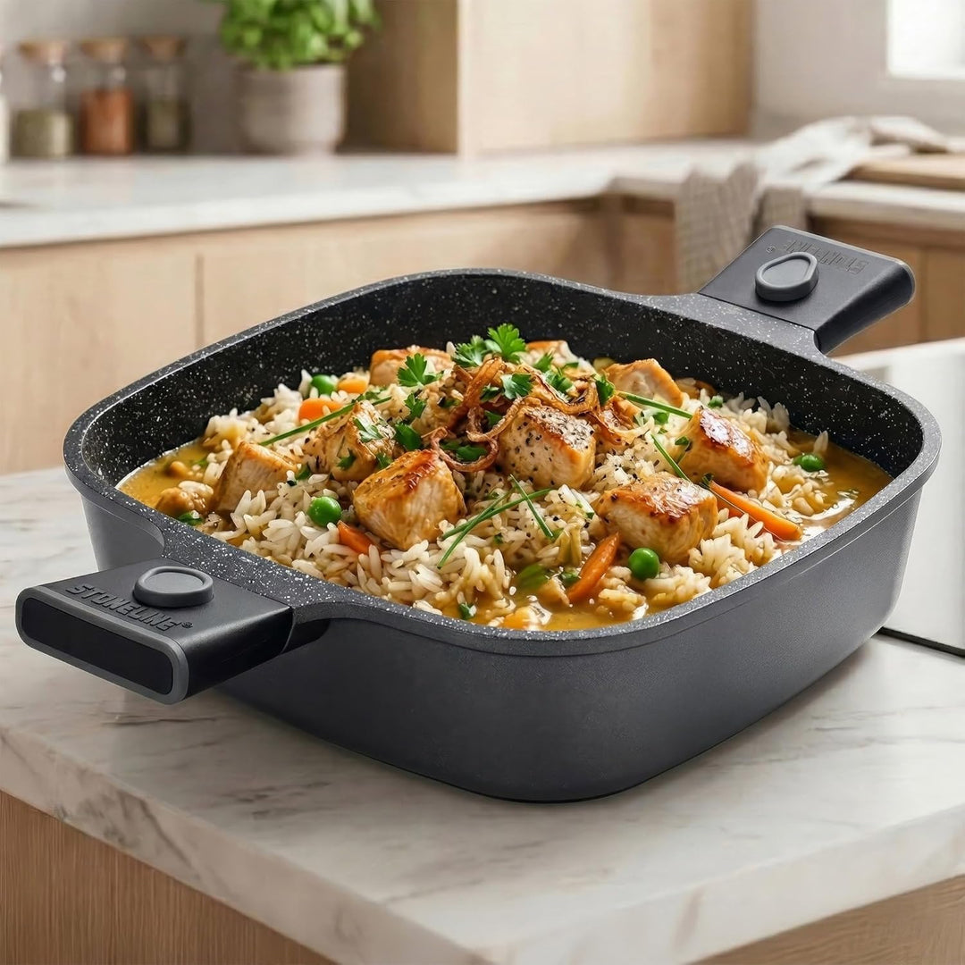 STONELINE SMART Servierpfanne 24 cm, Eckige Pfanne mit Deckel, Abnehmbarer Griff, Aluguss Pfanne Ind
