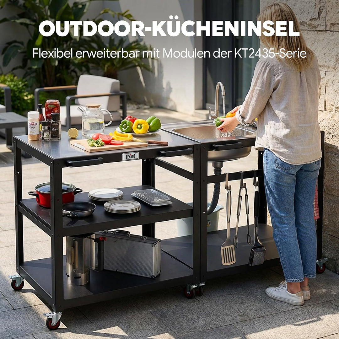 Feasto Grillwagen mit Edelstahl - Arbeitsplatte, 3 Etagen Grilltisch mit höhenverstellbaren Zwischen
