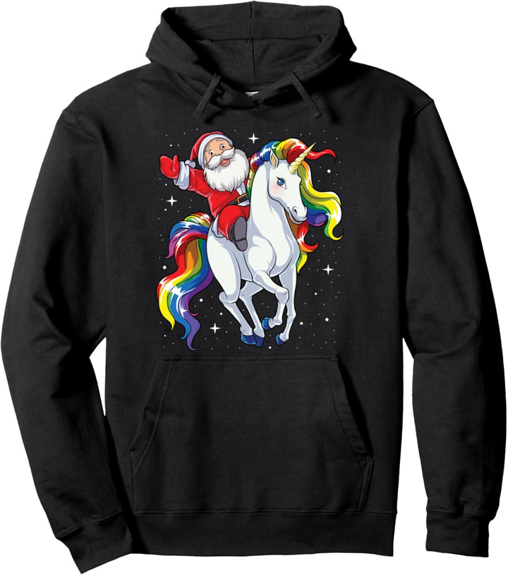 Christmas Santa Riding Unicorn Xmas Girls Women Rainbow Pullover Hoodie