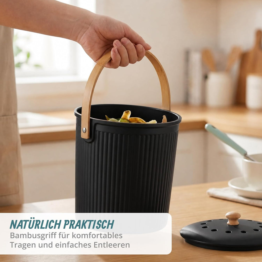 Relaxdays Komposteimer Küche, 5,6 Liter, 2 Aktivkohlefilter, schwarz | Deckel, Bambus-Henkel, Polyre