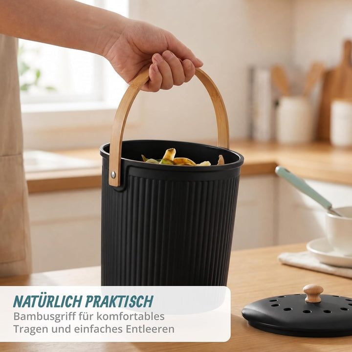 Relaxdays Komposteimer Küche, 5,6 Liter, 2 Aktivkohlefilter, schwarz | Deckel, Bambus-Henkel, Polyre